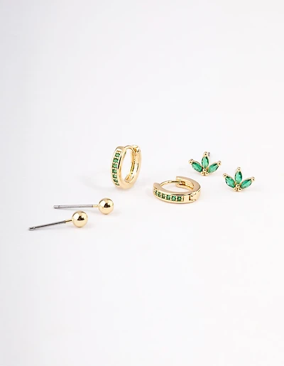 Gold Plated Brass Cubic Zirconia Marquise Stud & Hoop Earrings Pack