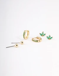 Gold Plated Brass Cubic Zirconia Marquise Stud & Hoop Earrings Pack