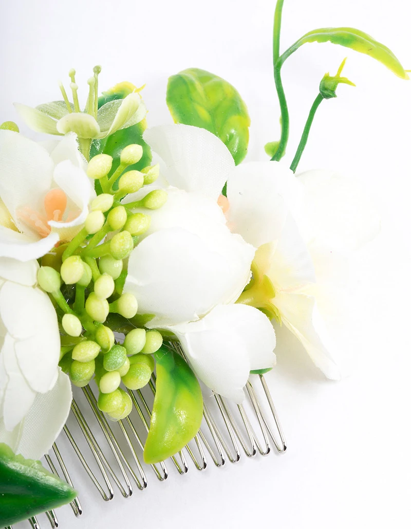 Silver Rose Bud Leafy Comb