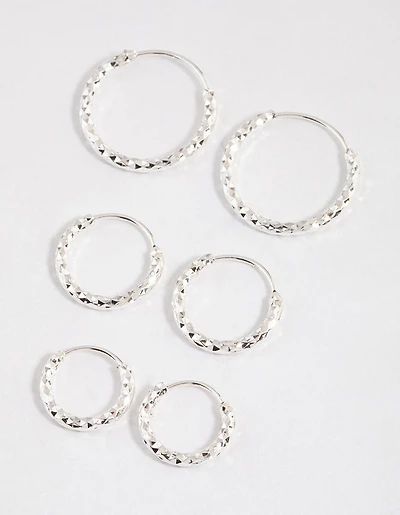 Silver Graduated Textured Hoop Earrings Pack