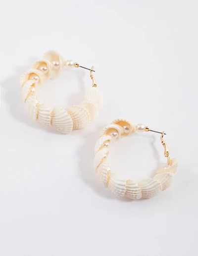 Gold Genuine Shell Nestled Pearl Hoop Earrings