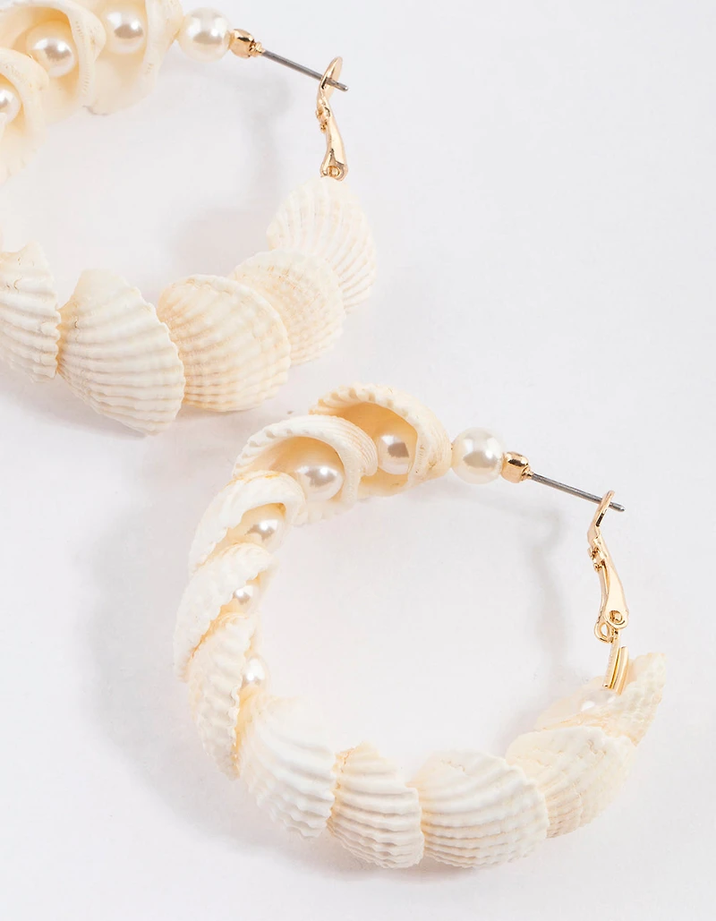 Gold Genuine Shell Nestled Pearl Hoop Earrings