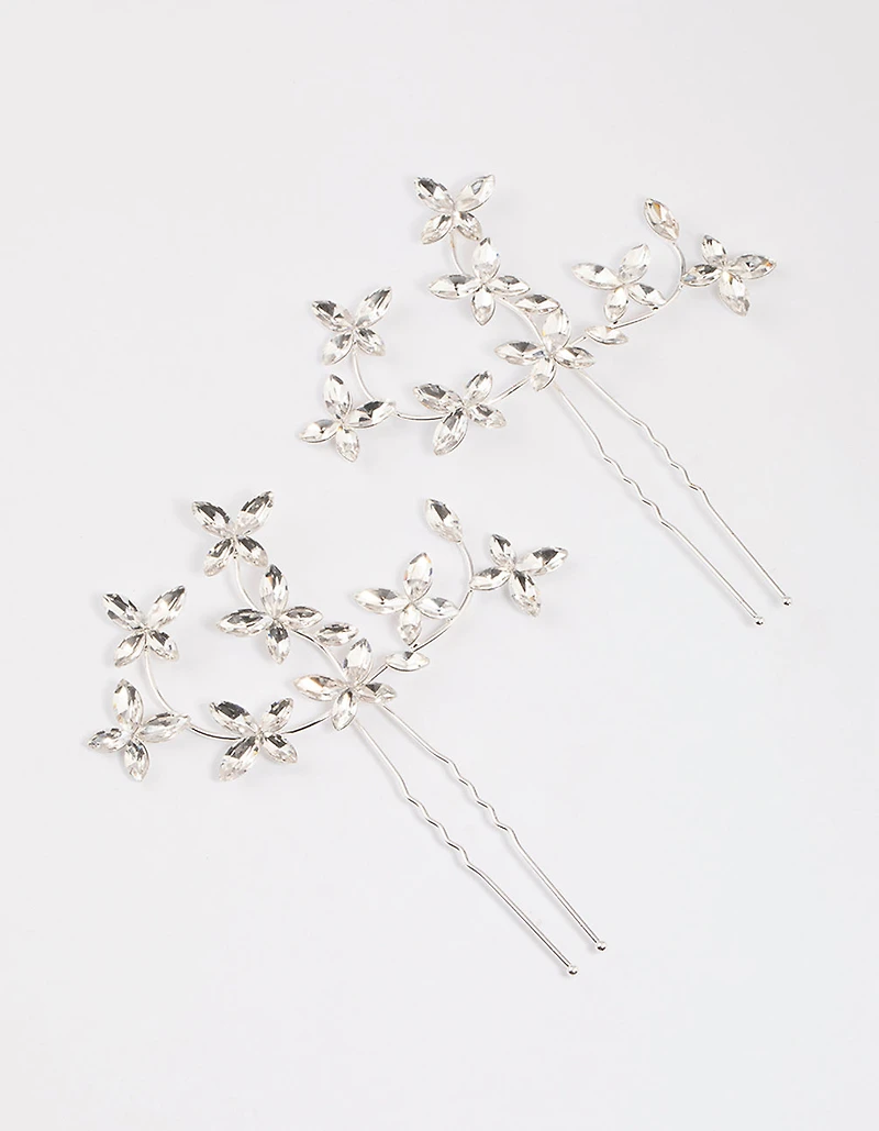 Pack d’épingles à cheveux Silver Flower Leaf Diamante