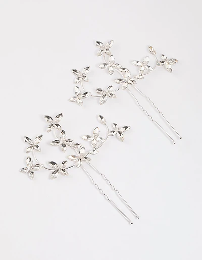 Pack d’épingles à cheveux Silver Flower Leaf Diamante