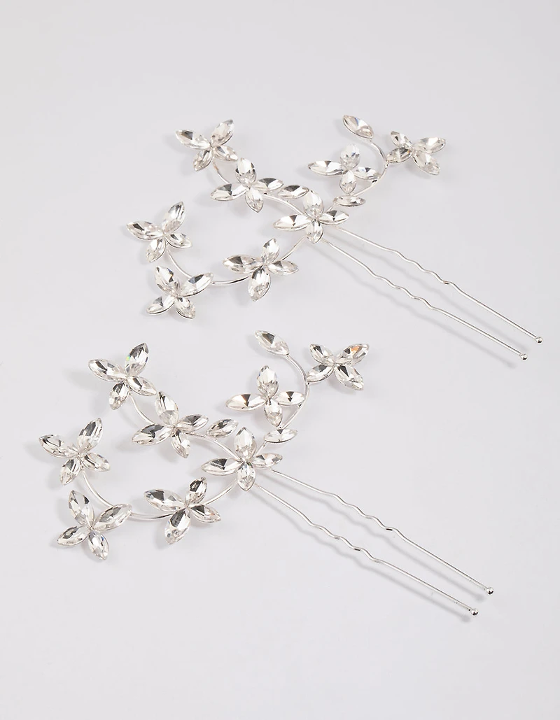 Pack d’épingles à cheveux Silver Flower Leaf Diamante