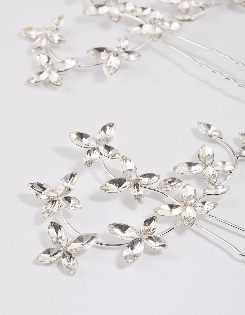 Pack d’épingles à cheveux Silver Flower Leaf Diamante