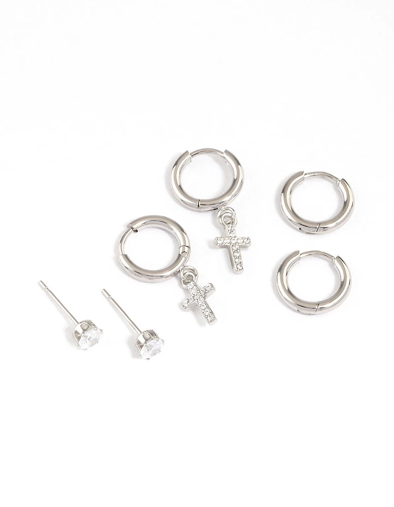 Surgical Steel Small Cross Huggie Earrings Pack