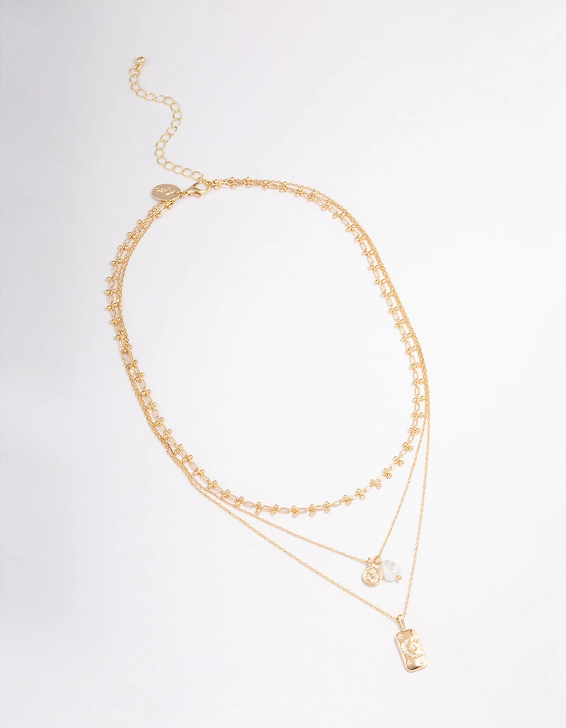 Gold Triple Layered Pearl Pendant Necklace
