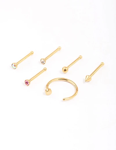 Gold Plated Surgical Steel Nail & Arrow Nose Ring 6-Pack