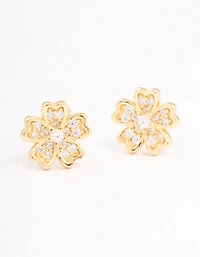Gold Plated Sterling Silver Cubic Zirconia Flower Stud Earrings