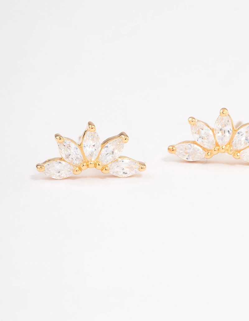 Gold Plated Sterling Silver Cubic Zirconia Fan Stud Earrings