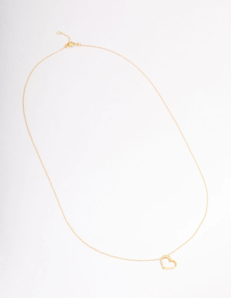 Gold Plated Sterling Silver Cubic Zirconia Half Paved Heart Necklace
