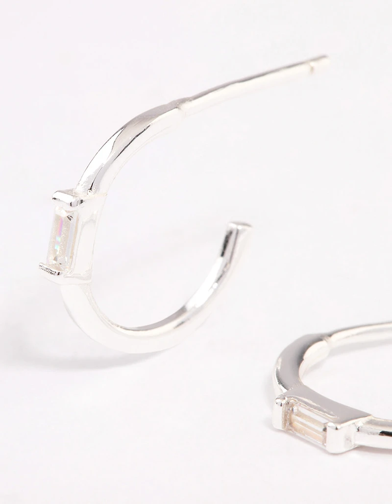 Sterling Silver Cubic Zirconia Rectangle Mini Hoop Earrings
