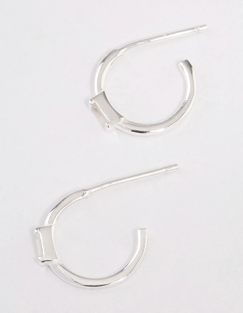 Sterling Silver Cubic Zirconia Rectangle Mini Hoop Earrings