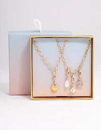 Gold Heart Triple Charm Necklace Pack