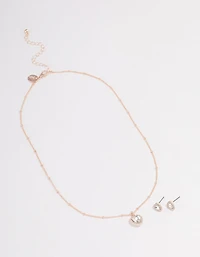 Rose Gold Heart Halo Necklace & Stud Earrings Set