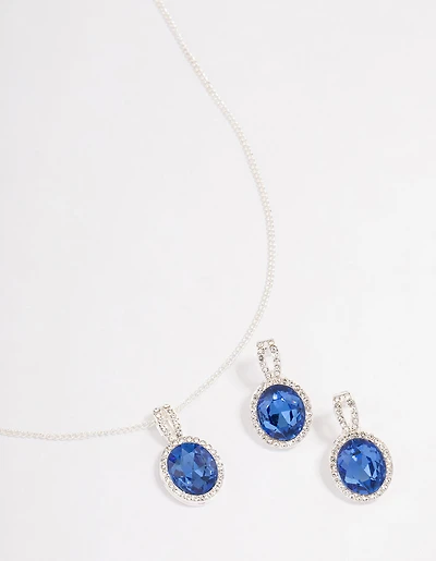 Silver Oval Blue Halo Necklace & Stud Earrings Jewellery Set