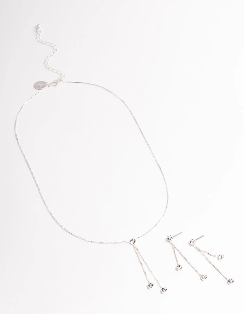 Silver Diamante Y-Shape Necklace & Drop Earrings Jewellery Set