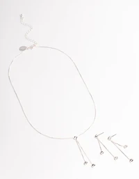 Silver Diamante Y-Shape Necklace & Drop Earrings Jewellery Set