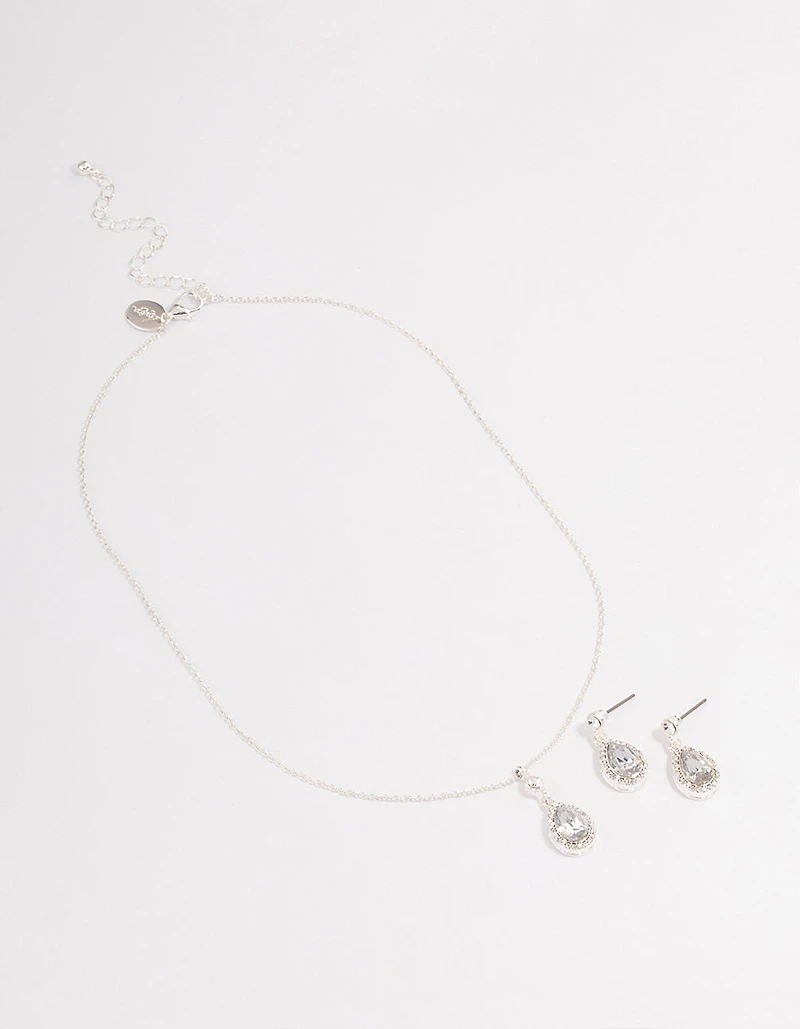 Silver Round & Pearl Halo Necklace & Drop Earrings Jewellery Set