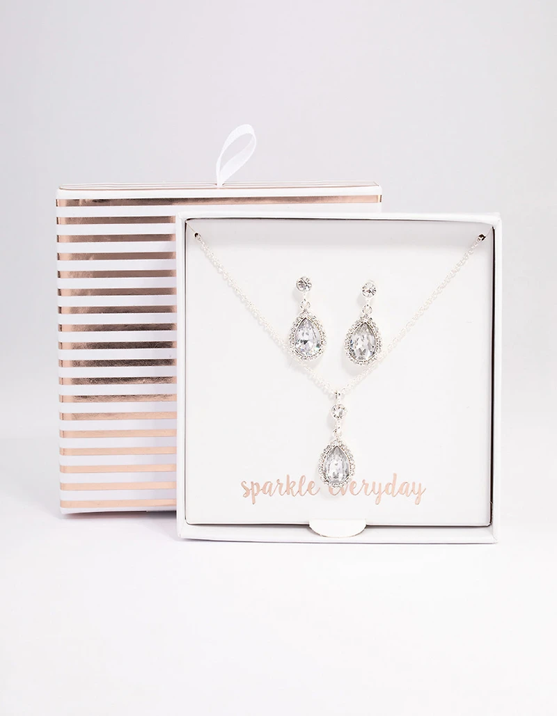 Silver Round & Pearl Halo Necklace & Drop Earrings Jewellery Set