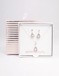 Silver Round & Pearl Halo Necklace & Drop Earrings Jewellery Set