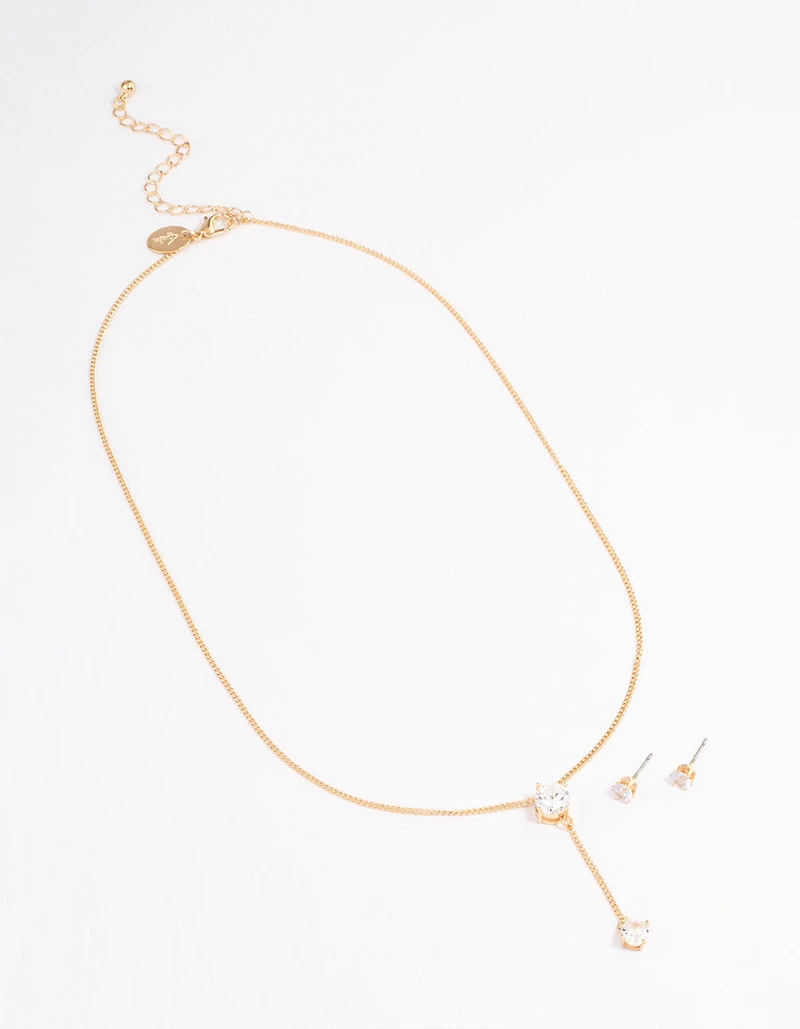 Gold Diamante Y-Shape Necklace & Stud Earrings Jewellery Set