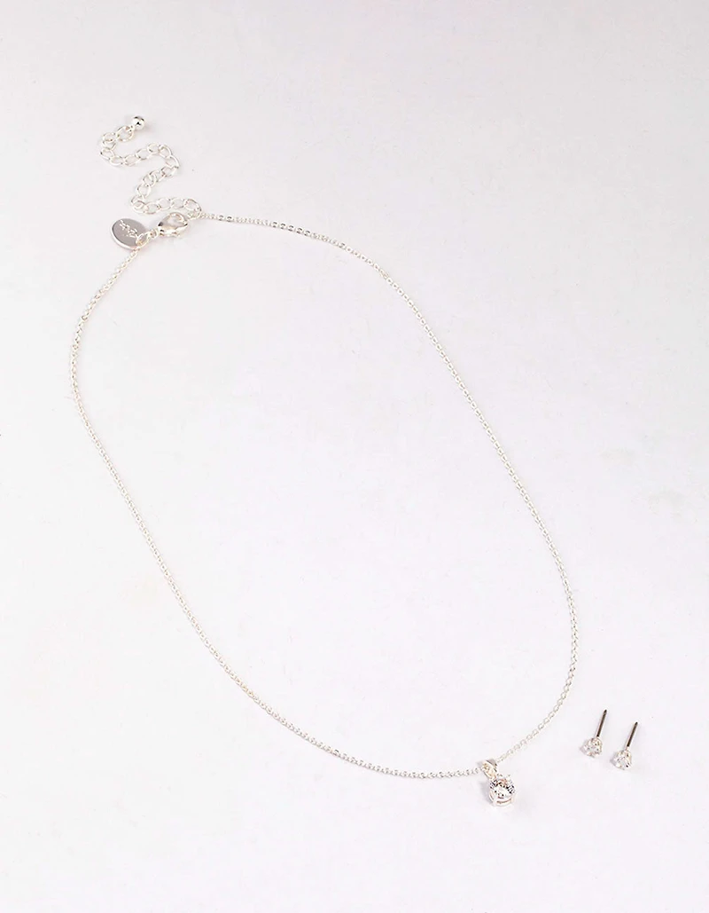 Silver Round Solitaire Necklace & Earring Set