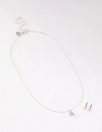 Silver Round Solitaire Necklace & Earring Set