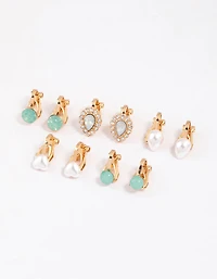 Gold Pearl & Diamante Pear Clip On Earrings 5-Pack