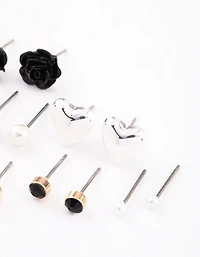 Mixed Metal Pearl Heart & Flower Earrings 8-Pack