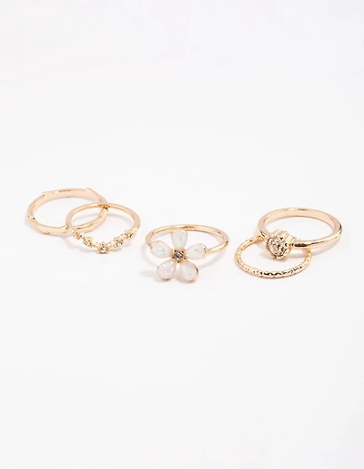 Gold Opal Flower & Diamante Ring Pack