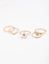 Gold Opal Flower & Diamante Ring Pack