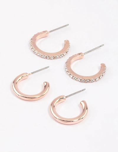 Rose Gold Plain & Diamante Huggie Earring Pack