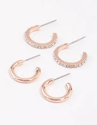 Rose Gold Plain & Diamante Huggie Earring Pack