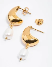 Waterproof Gold Plated Stainless Steel Freshwater Pearl & Bubble Hoop Earrings