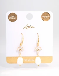 Gold Plated Cubic Zirconia & Freshwater Pearl French Drop Earrings