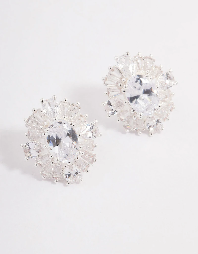 Silver Plated Cubic Zirconia Oval Halo Stud Earrings