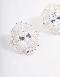 Silver Plated Cubic Zirconia Oval Halo Stud Earrings