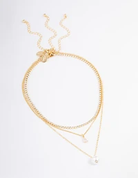 Gold Plated Cup Chain Diamante & Freshwater Pearl Layered Necklace