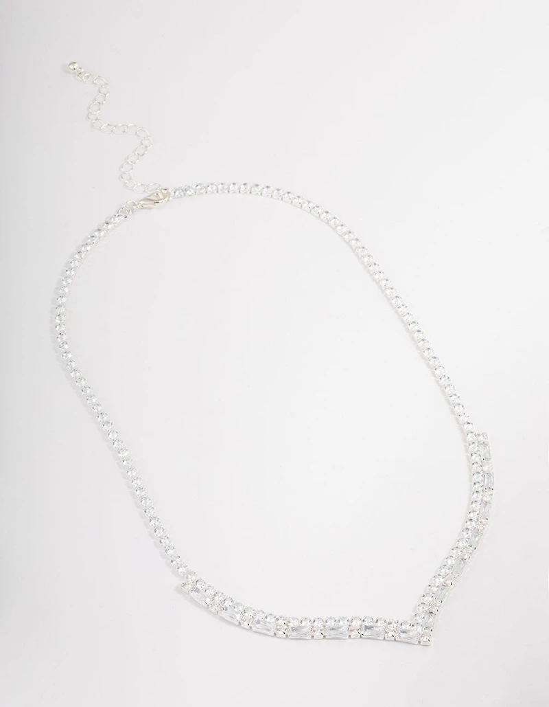 Silver Plated Cubic Zirconia Round & Baguette V-Necklace