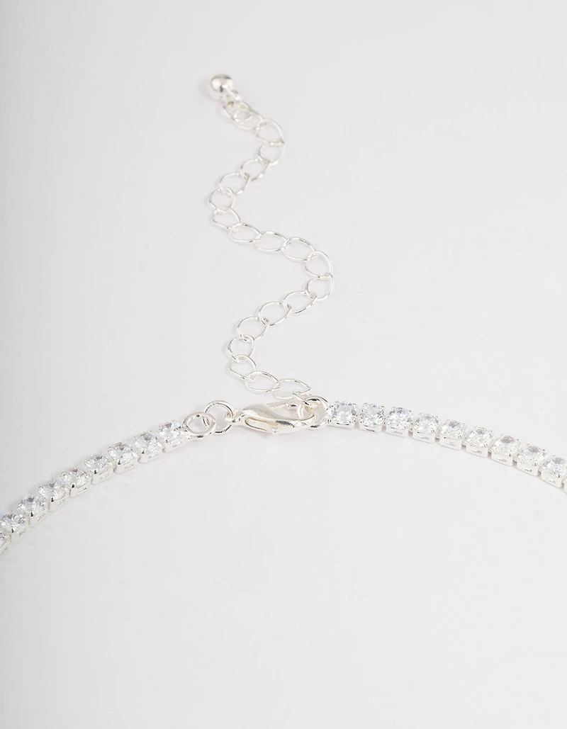 Silver Plated Cubic Zirconia Round & Baguette V-Necklace