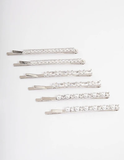 Silver Plated Cubic Zirconia Mixed Stone & Pearl Hair Clips 6-Pack