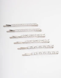 Silver Plated Cubic Zirconia Mixed Stone & Pearl Hair Clips 6-Pack