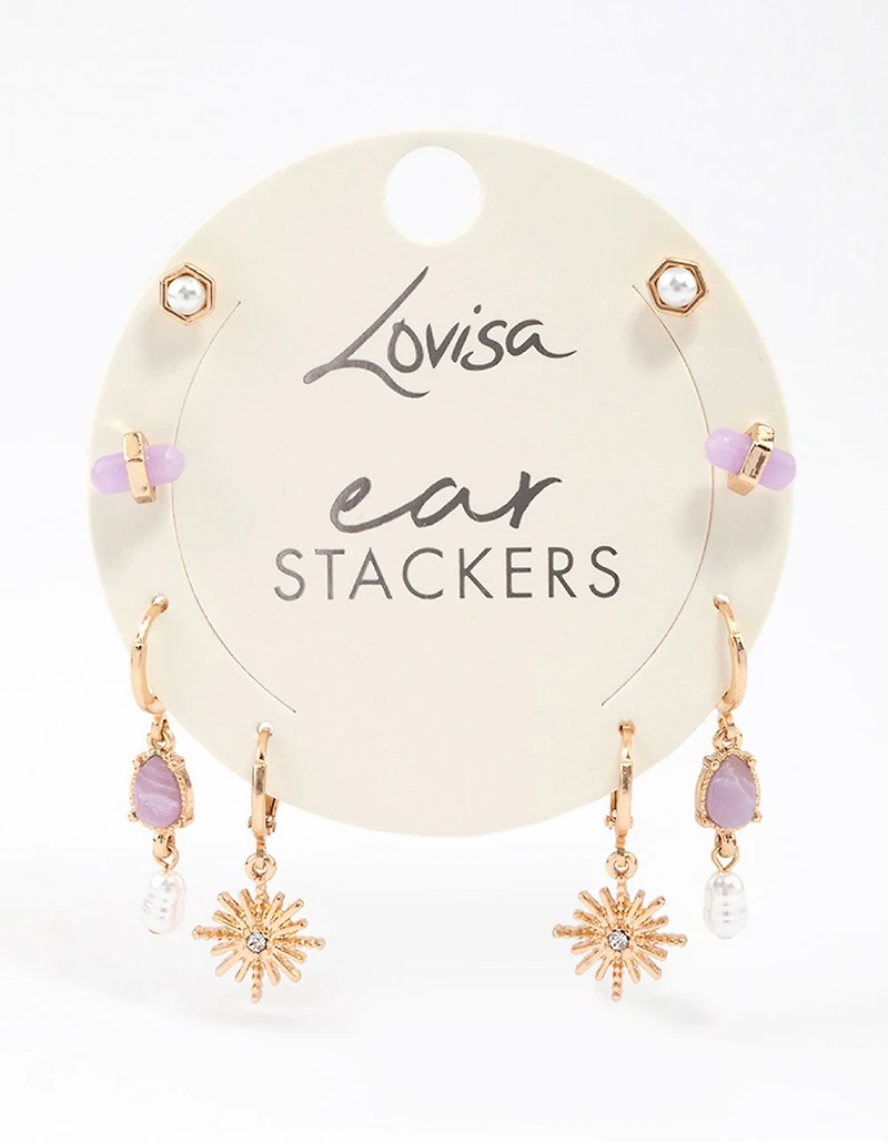 Gold Amethyst Celestial & Pearly Earrings 4-Pack