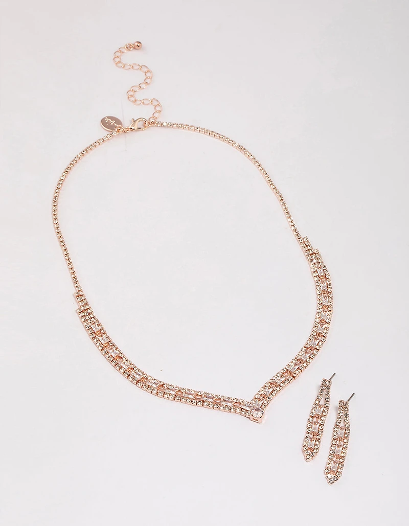 Rose Gold Rectangle Graduating Pendant Necklace & Earrings Set