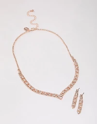 Rose Gold Rectangle Graduating Pendant Necklace & Earrings Set