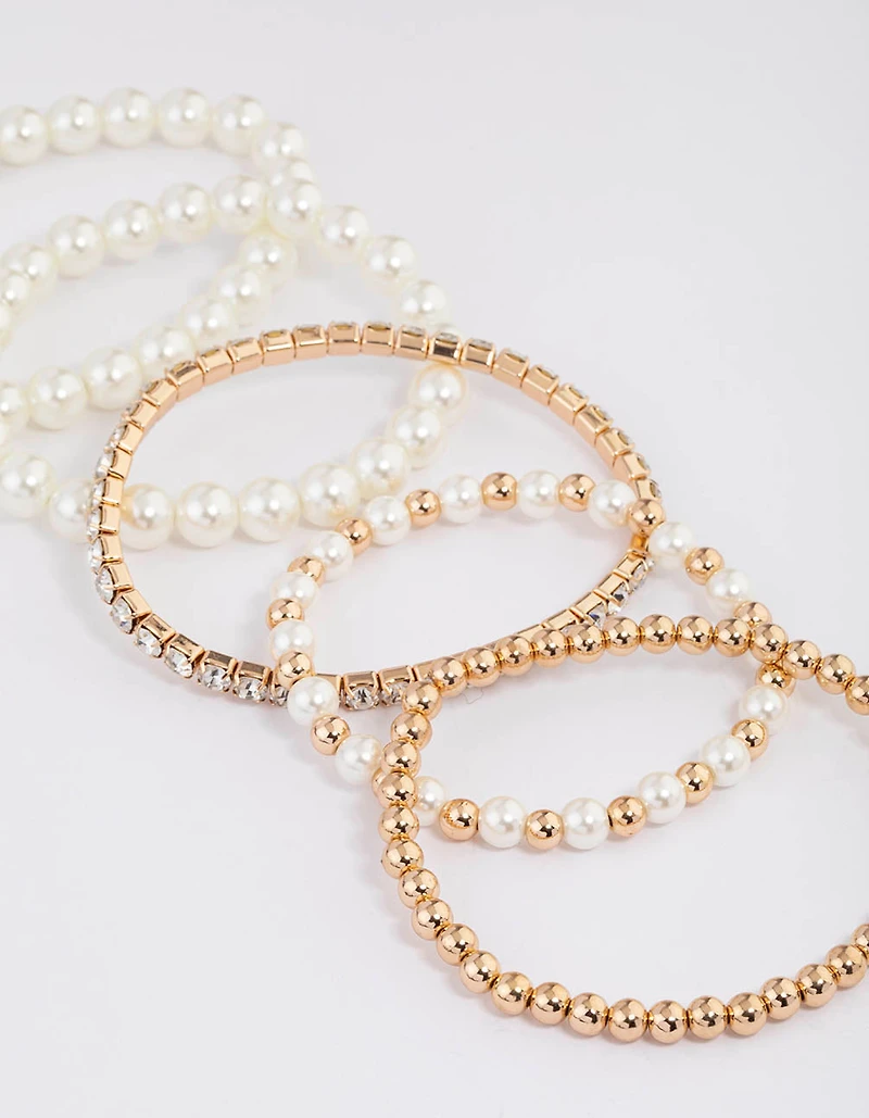 Gold Mixed Diamante Pearl Stretch Bracelet Pack