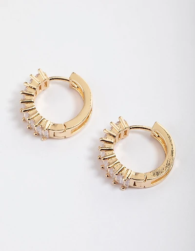 Gold Plated Cubic Zirconia Classic Baguette Hoop Earrings
