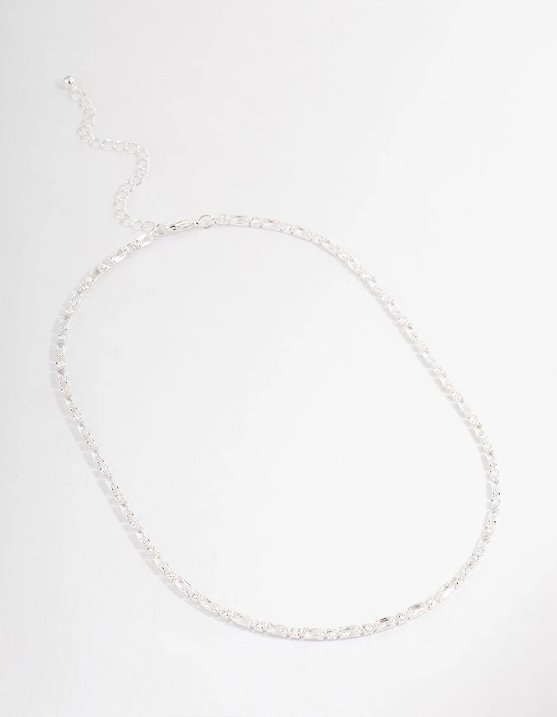 Silver Plated Cubic Zirconia Round & Baguette Tennis Necklace